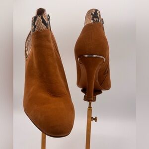 Vince Camuto Cognac Suede Booties – Snake Print Trim & Stiletto Heel (Size 12)